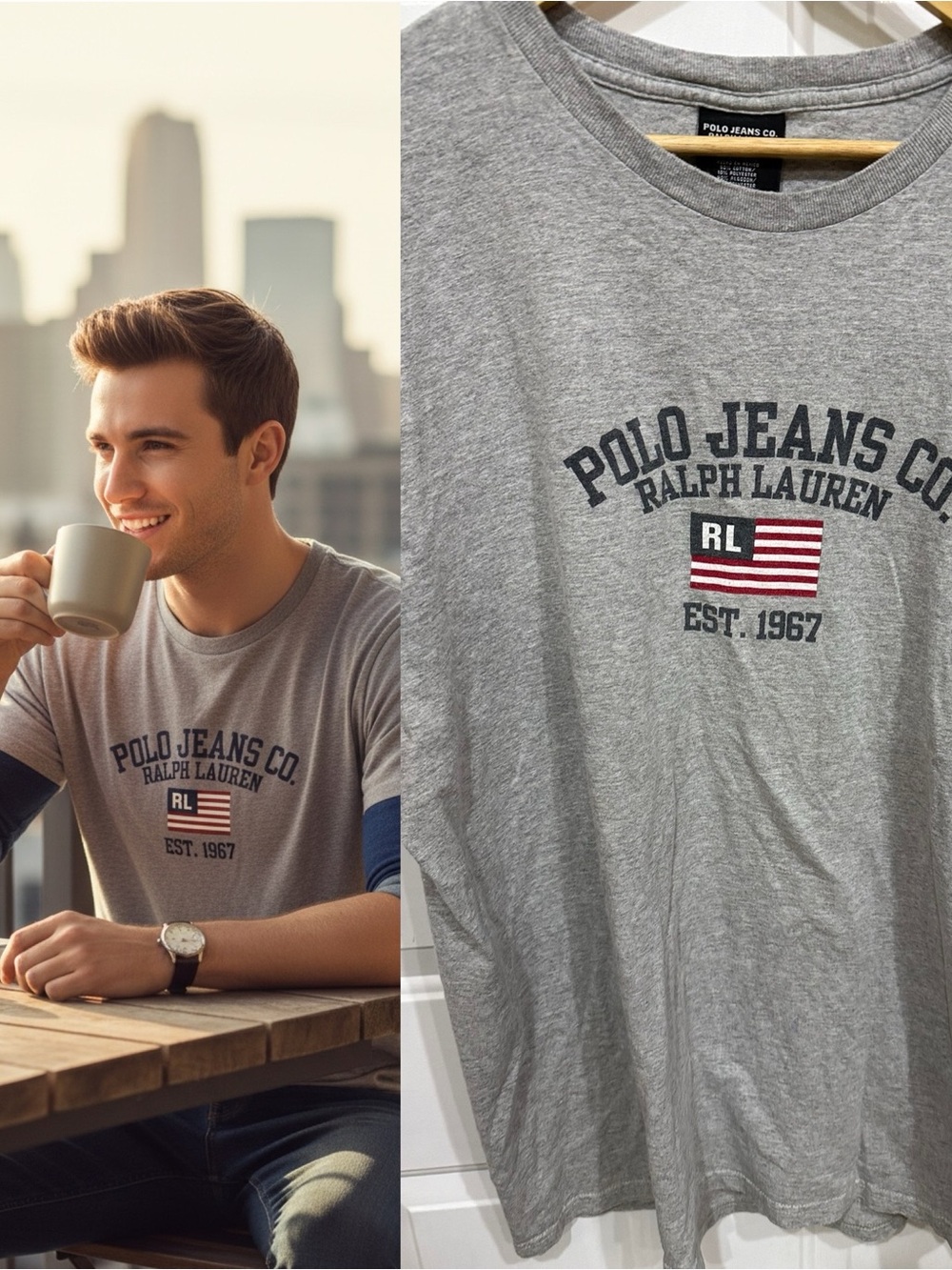 Polo by Ralph Lauren Gray Logo Crewneck Tee with Flag Graphic